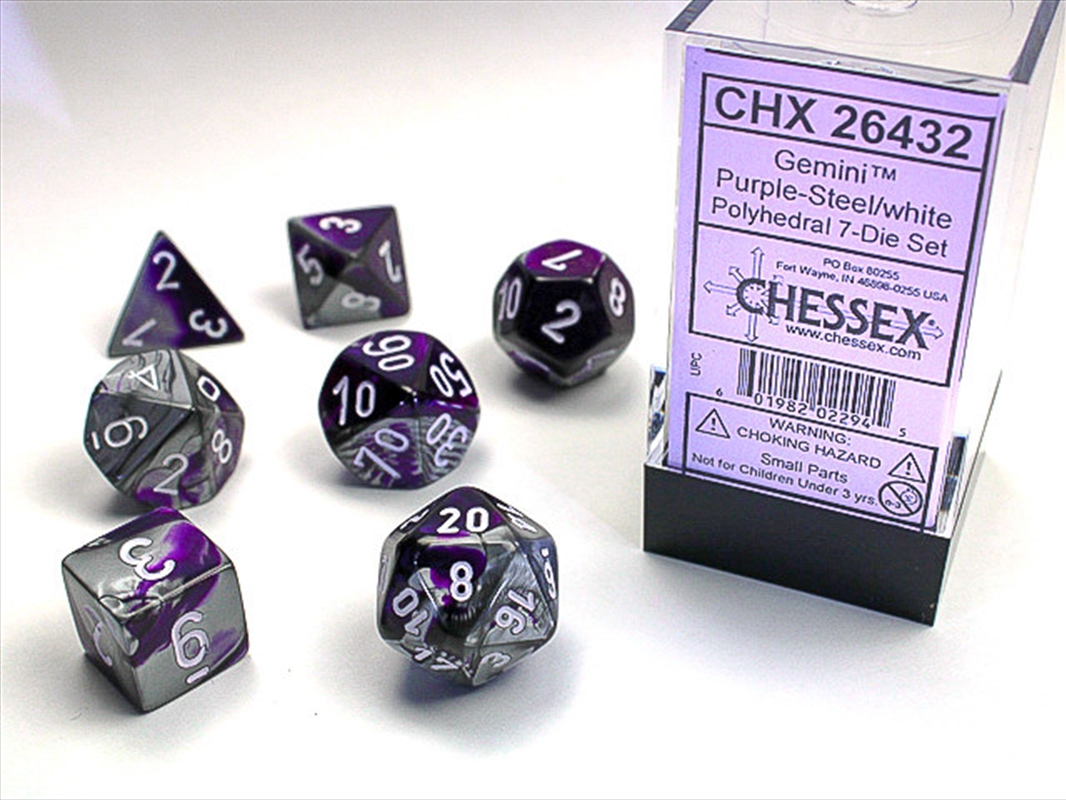 Chessex Polyhedral 7-Die Set Gemini Purple-Steel/White/Product Detail/Dice Games