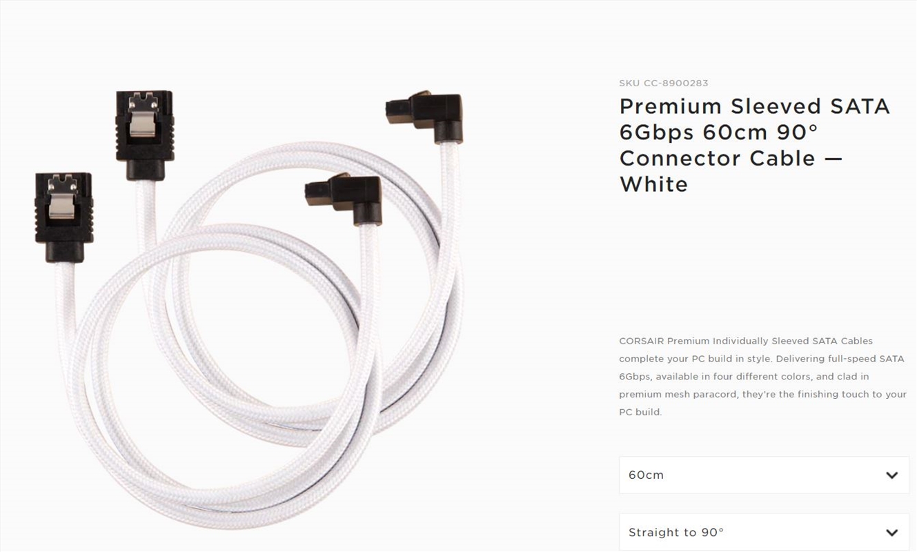 Corsair Premium Sleeved SATA 6Gbps 90 Connector Cable - 60cm, White/Product Detail/Computer Accessories