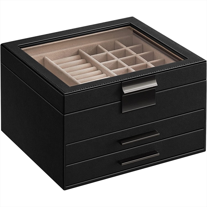 Songmics Jewellery Box with Glass Lid 3-Layer - Black/Product Detail/Jewellery